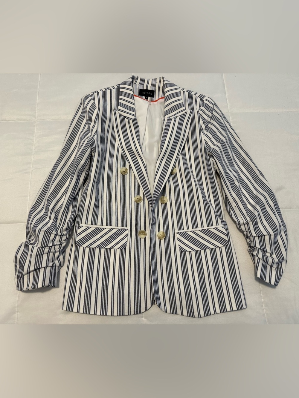 1. State Navy and White Striped Double-Breasted Blazert